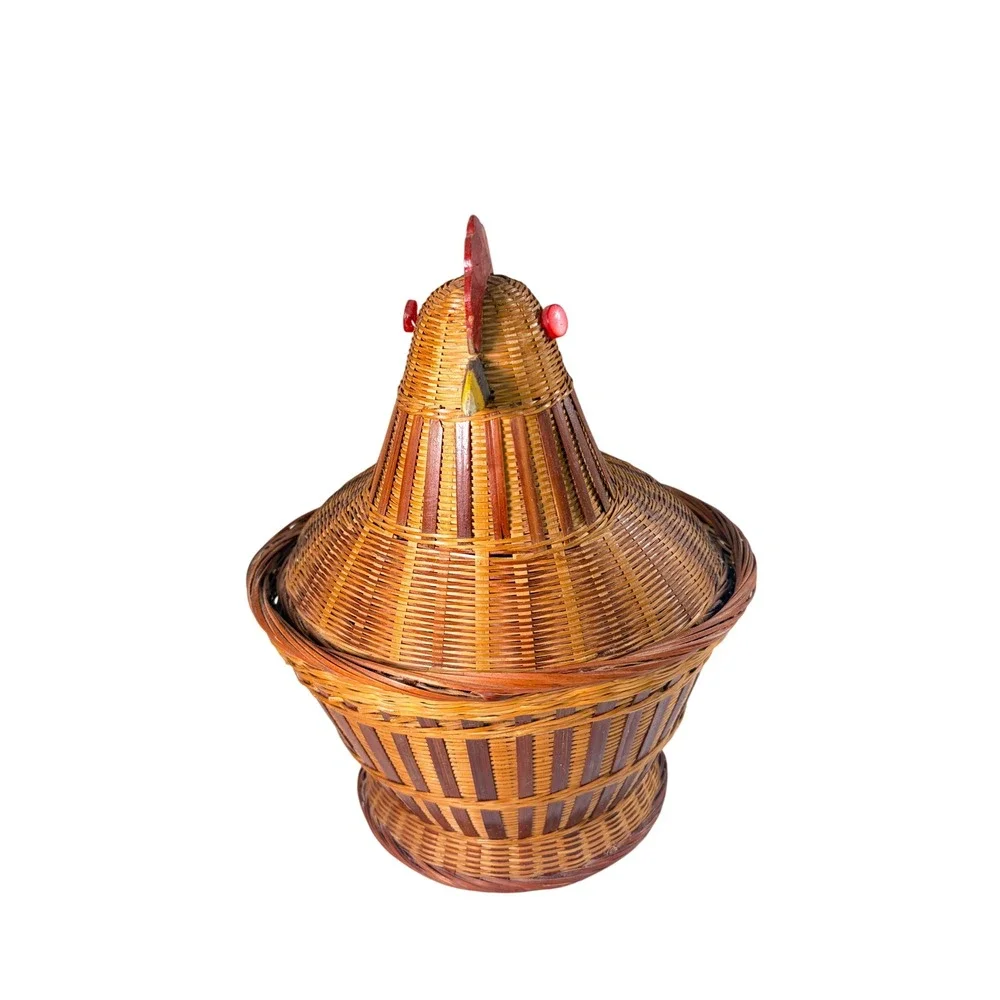 Vintage Woven Bamboo Hen on Nest Chicken Basket Farmhouse Decor Brown 2 Piece